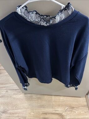 Navy Sweatshirt with Striped Ruffle Trim